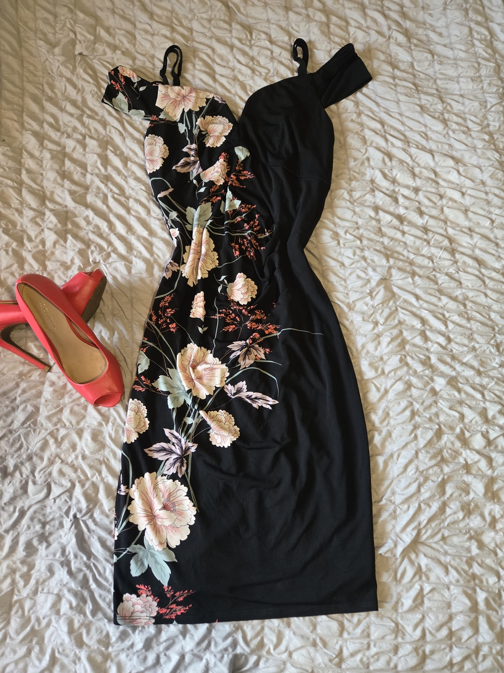 Black Floral Off The Shoulder Midi Dress